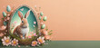 Cute Easter bunny with easter eggs and spring flowers on a pastel brawn background, copy space. Happy Easter banner with adorable rabbit. Easter concept.
