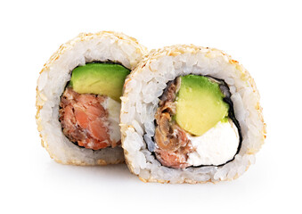 Sticker - Maki roll with salmon, avocado, sesame and cream cheese isolated on white background. With clipping path.