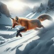 Nimble red fox hops and bounds over winter terrain
