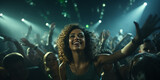 Fototapeta Do przedpokoju - Party girl in club spotlight in sunglasses. Woman in night club laser lights. Trance music with green neon background