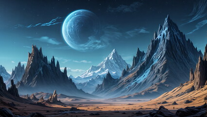 Wall Mural - A Digital Art Exploration of Mystical Mountain Landscape Under Alien Sky