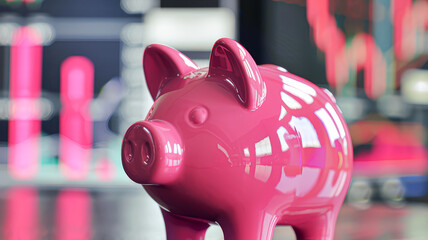 A ceramic piggy bank in focus with a blurred stock market display in the background, symbolizing financial savings and investment.