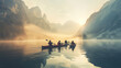 Silhouettes of kayakers glide across a serene lake, basking in the warm glow of a misty mountain sunrise