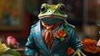frog wearing sunglasses dressed with colorful funny clothes