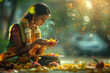 Praying young indian woman, Happy Ugadi greeting card
