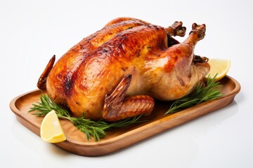 Wall Mural - Tasty roast chicken on a ceramic tile against a white background