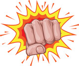 Fototapeta Pokój dzieciecy - A fist hand punching in a comic book pop art cartoon illustration style. With an explosion in the background