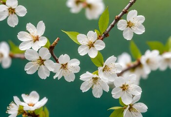  A cherry tree branch in bloom with a blurry background of a blue sky and a green garden