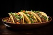 Juicy tacos in a clay dish against a white background