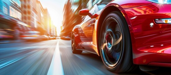 Wall Mural - super car is speeding on urban asphalt in the morning blurred background