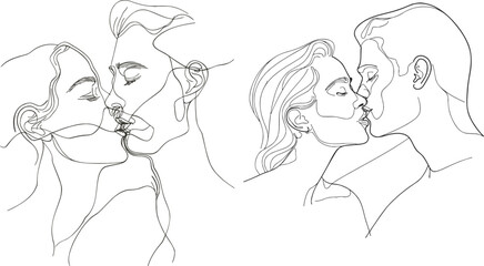 Wall Mural - Couple kissing one line art. Line drawing of man and woman in love