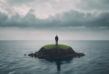 Wall Mural - Standing alone concept with sad businessman standing alone on tiny island in the middle of the ocean