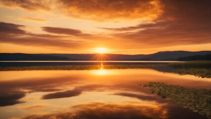 Wall Mural - Beautiful sunset over a calm lake with reflection of clouds in the water