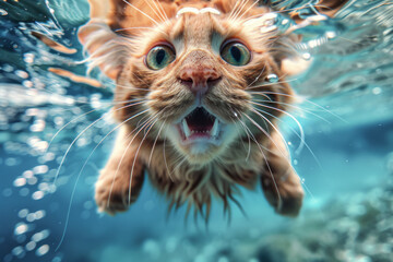 Wall Mural - We were able to successfully film a cute kitten swimming deftly underwater. The concept of the fun of owning a cat.