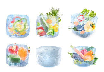 Wall Mural - Different frozen vegetables and ice cube isolated on white, set