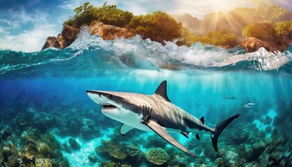Wall Mural - Photo Realistic Shark amidst Ocean Waves: The Largest Predator in the World; Aerial View of Tropical Waters