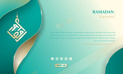 Sticker - Ramadan kareem background design in light sea green and gold lines with arabic calligraphy. Arabic text mean is ramadan kareem. Islamic background in green and gold design