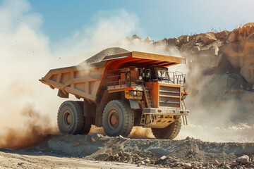 Heavy-duty dump truck unloading gravel at a construction site, dust rising, powerful machinery in action, clear blue sky background