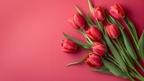 Fototapeta Tulipany - Beautiful composition spring flowers. Bouquet of red tulips flowers on pastel red background. Valentine's Day, Easter, Birthday, Happy Women's Day, Mother's Day. Flat lay, top view, copy space.