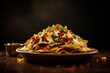Tempting nachos on a rustic plate against a minimalist or empty room background