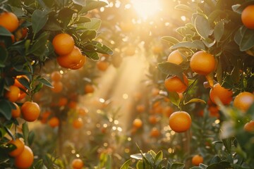 Wall Mural - Close-up of ripe oranges on a tree, bathed in the warm glow of the setting sun, highlighting the freshness of the fruit.