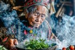 Elderly Woman in Traditional Dress Preparing Herbs with Smoke in Rustic Kitchen Environment