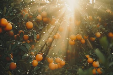 Wall Mural - Close-up of ripe oranges on a tree, bathed in the warm glow of the setting sun, highlighting the freshness of the fruit.