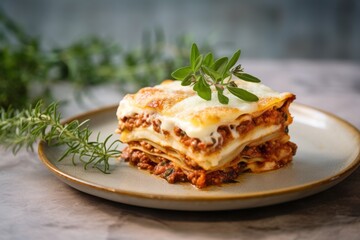 Refined lasagna on a marble slab against a pastel or soft colors background