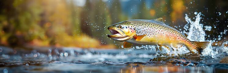 Rainbow trout jumping out of the water with a splash. Fish above water catching bait. Panoramic banner with copy space
