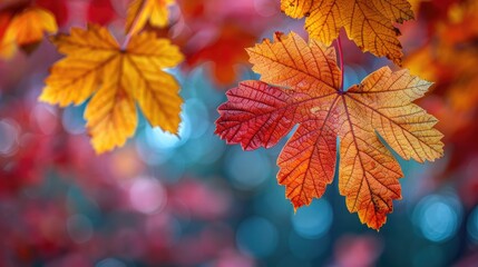 Poster - side view of forest background, yellow red and orange leaves in an autumn park