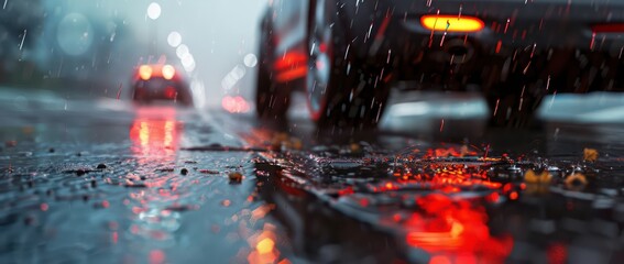 Wall Mural - a rainy road with car tires and light reflections