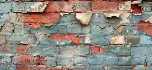 Wall Mural - Closeup of peeling graffiti on a brick wall showcasing a clash of urban art and decay.