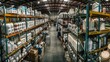 A panoramic view of a bustling warehouse filled with rows of shelves stocked with various forms of waste treatment chemicals highlighting the intricacies of inventory management