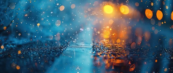 Wall Mural - dark night sky and road in the blue and yellow lights, in the style of glitter and diamond dust, light orange and aquamarine