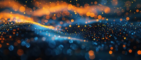 Wall Mural - dark night sky and road in the blue and yellow lights, in the style of glitter and diamond dust, light orange and aquamarine