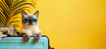 Funny Cat In Sunglasses Sitting In Open Suitcase With Clothes For Vacation On Vibrant Yellow Background With Tropical Palm Leaf. Summer Travel Commercial Banner.