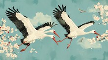 Japanese Storks In Vintage Style On Blue Background