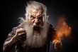 Furious elderly gentleman with a lengthy snow-white beard and mustache displaying intense anger through his posture, with tightly closed fists, set against a blazing fiery inferno in the backdrop