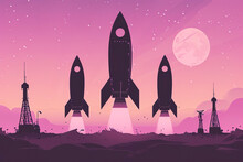 A Flat Illustration Of Black Rocket Silhouettes Against A Lavender Background With Oil Derricks In The Distance