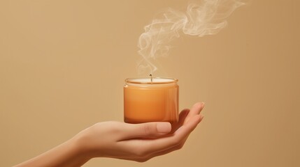 Wall Mural - a woman's hand holds a soy candle mockup in a glass orange jar with smoke from extinguishing, beige solid color background with copy space. Space for logo. Concept eco life.