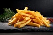 Exquisite french fries on a slate plate against a grey concrete background