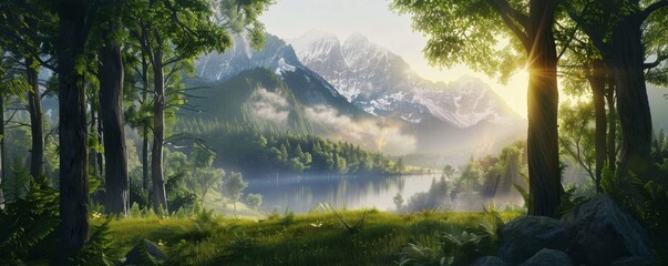 Wall Mural - A view of beautiful nature, trees in the foreground.