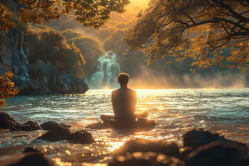 Wall Mural - meditation, meditation in the sunset, person meditation, yoga, yoga in the lotus position