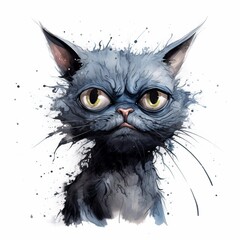 A digital painting of a blue cat with big green eyes looking grumpy with a white background. The cat has a unique style and would be great for a variety of projects.