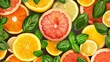 Lemon, oranges, grapefruit slice, basil leaves seamless pattern rasterized copy 