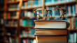 Eyeglasses on top of a stack of books with a blurred bookshelf background representing knowledge, education, reading, and learning.