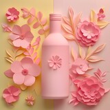 Fototapeta  - A delicate arrangement of pink paper flowers around a matching pink bottle on a soft yellow background