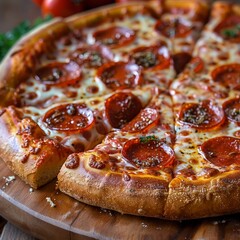 Wall Mural - a pepperoni pizza on a wooden board