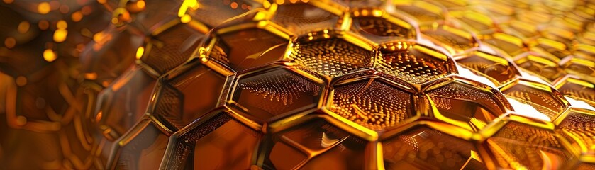 Wall Mural - Abstract golden honeycomb pattern with intricate digital textures and reflections. Suitable for banner background