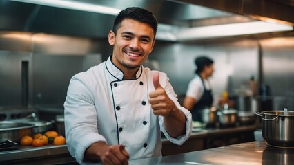 Wall Mural - Smiling chef showing thumbs up in the restaurant kitchen